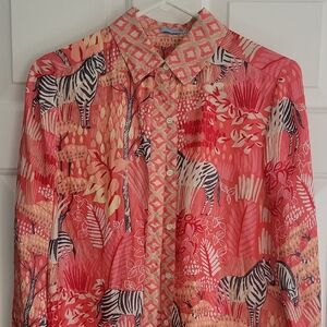 J.MCLAUGHLIN Zebra Print Blouse Silk Viscose Hand Wash Peach Pink Preppy